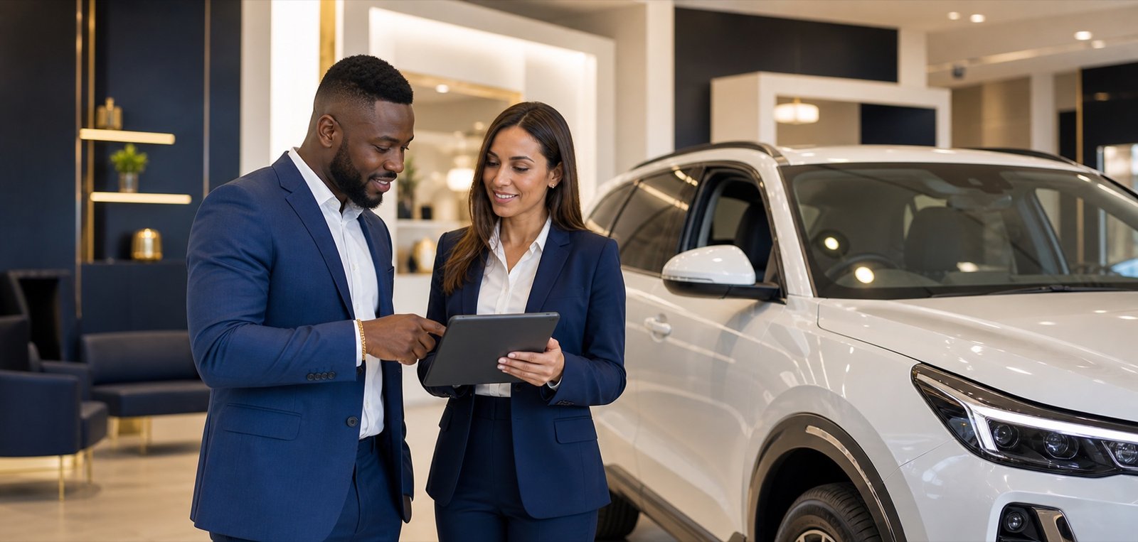 A customer and specialist reviewing vehicle options together before purchase