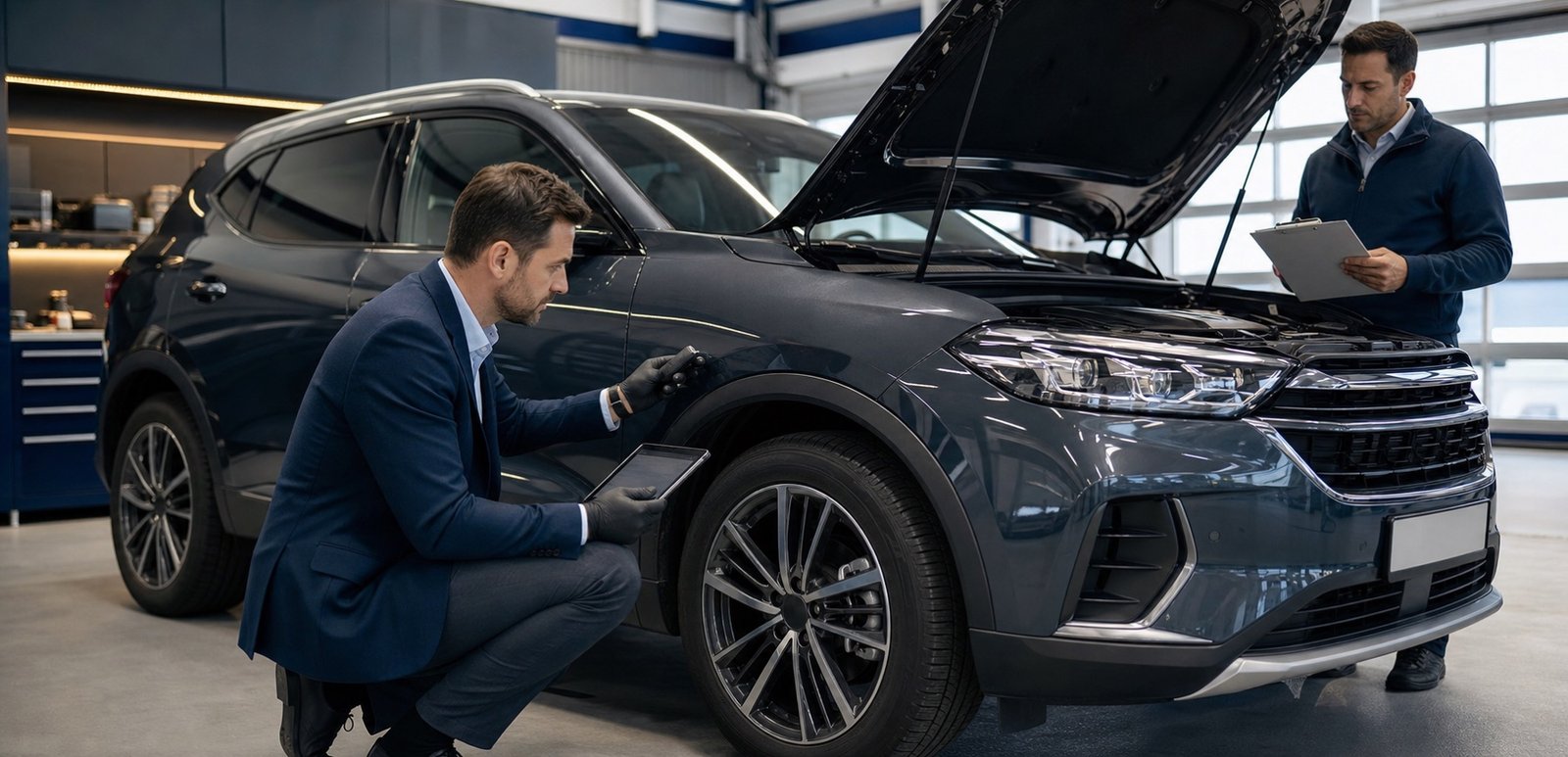 Professional inspectors reviewing a modern SUV with a tablet, checklist, and paint-depth gauge